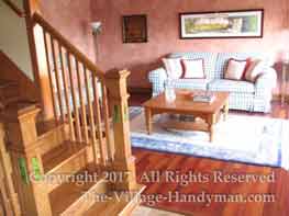 Carpeted stairs replaced in beautiful Oak New oak stairway, rails. and Newel posts with inlaid antique accent tiles.